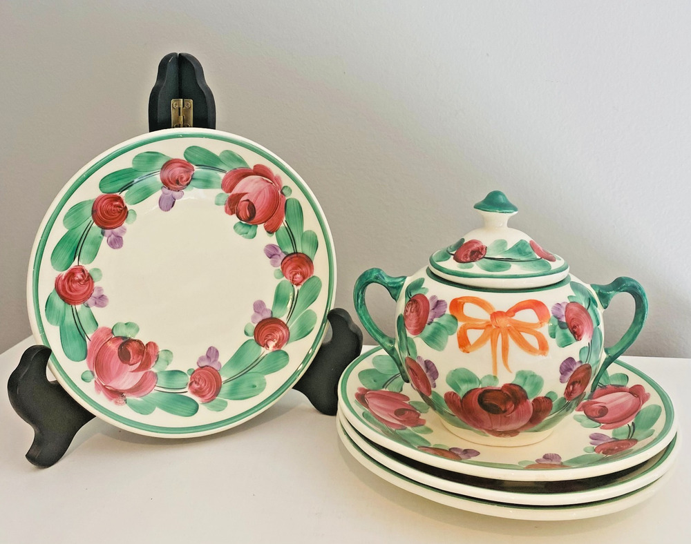 Vintage Czechoslovakia Hand-Painted Ceramic 5-Piece Set, Plates & Sugar Bowl